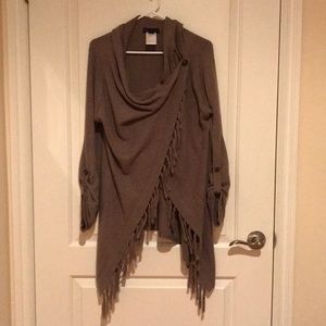 Tribal Beige Brown Wrap Tasseled Cowl Neck Sweater